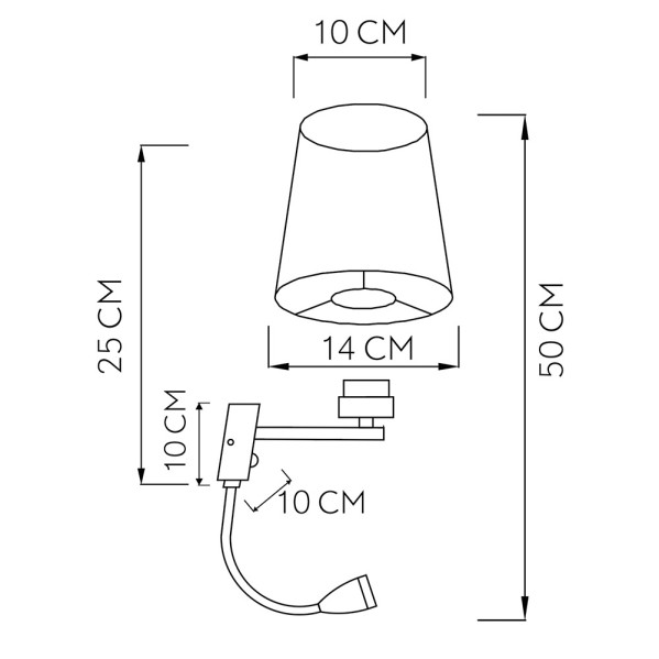 Dibujo técnico de una lámpara de pared con dimensiones en centímetros.