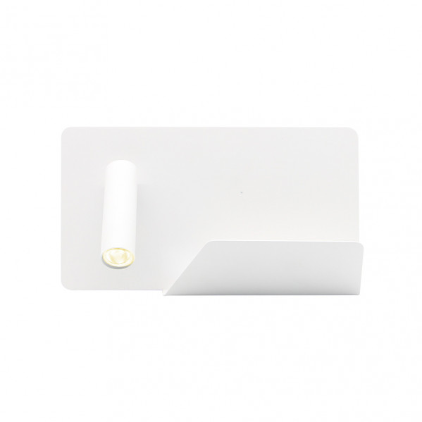Una moderna lámpara de pared blanca con foco cilíndrico ajustable y estante sobre fondo blanco.