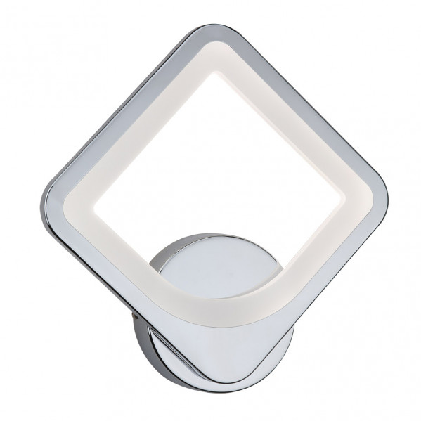 Lámpara de pared moderna con marco cromado y elemento de luz LED cuadrado en soporte redondo.