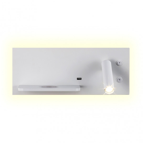 Lámpara de pared blanca con estante, puerto USB, base de carga inalámbrica y luz de lectura integrada.