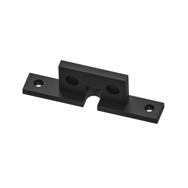 Un soporte de montaje de plástico negro con dos agujeros para tornillos horizontales y dos verticales sobre fondo blanco.