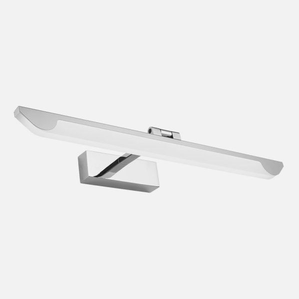 Moderna lámpara de pared cromada con difusor blanco, ideal para iluminación de espejos.