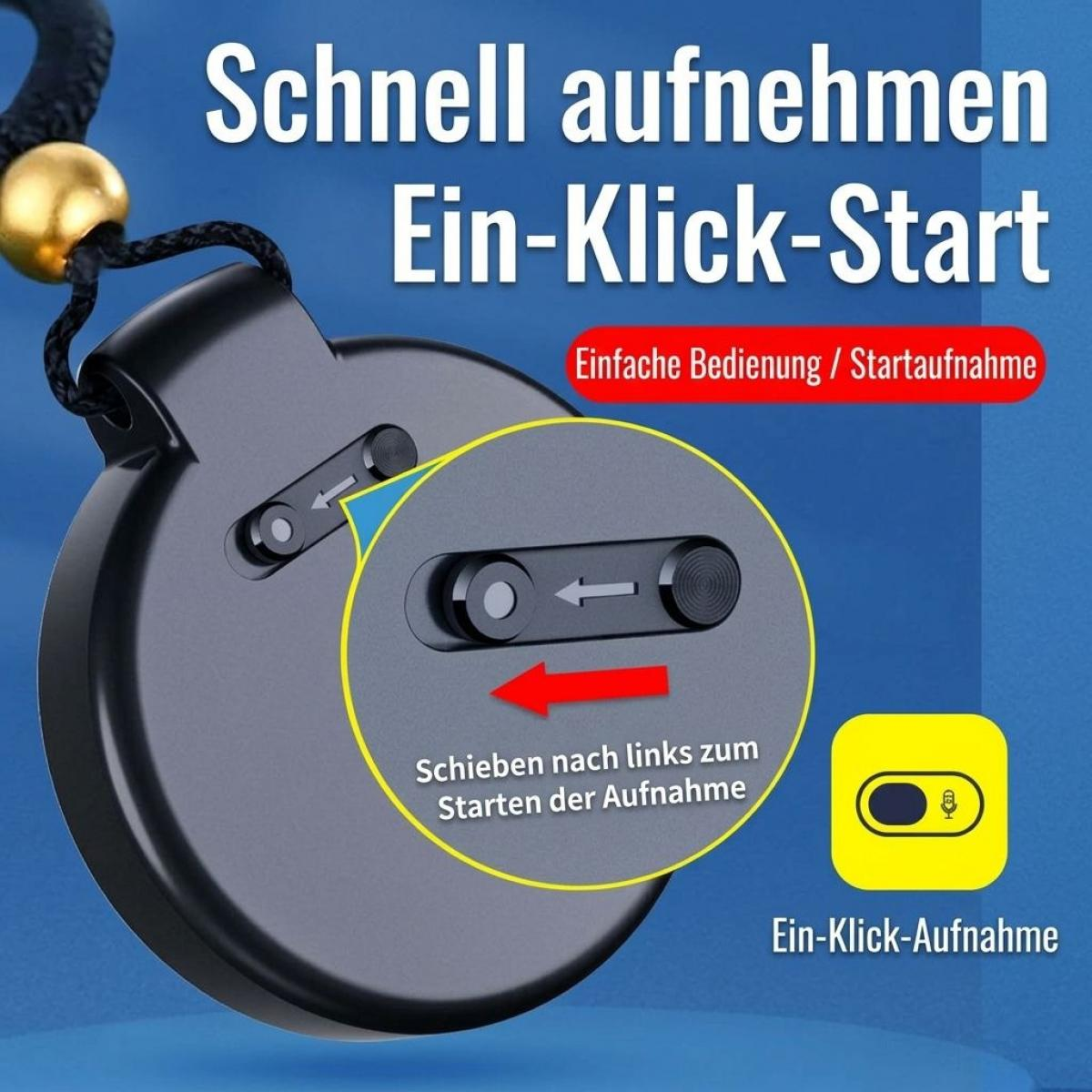 Ein schwarzes Aufnahmegerät mit Kordel und Schalter für die Ein-Klick-Bedienung auf blauem Hintergrund.