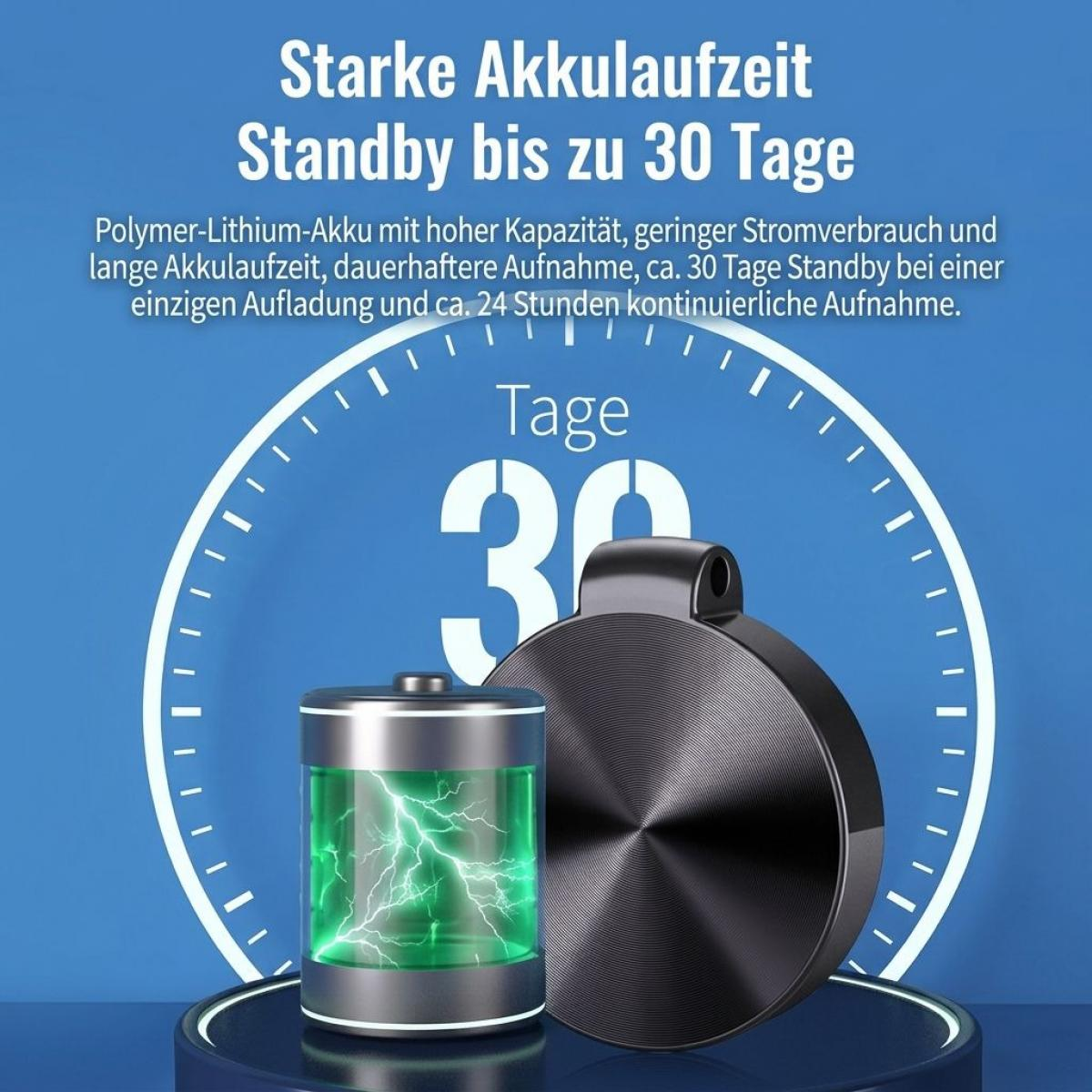 Ein schwarzes kreisförmiges Gerät neben einem leuchtenden Akkusymbol mit Blitz vor blauem Hintergrund.