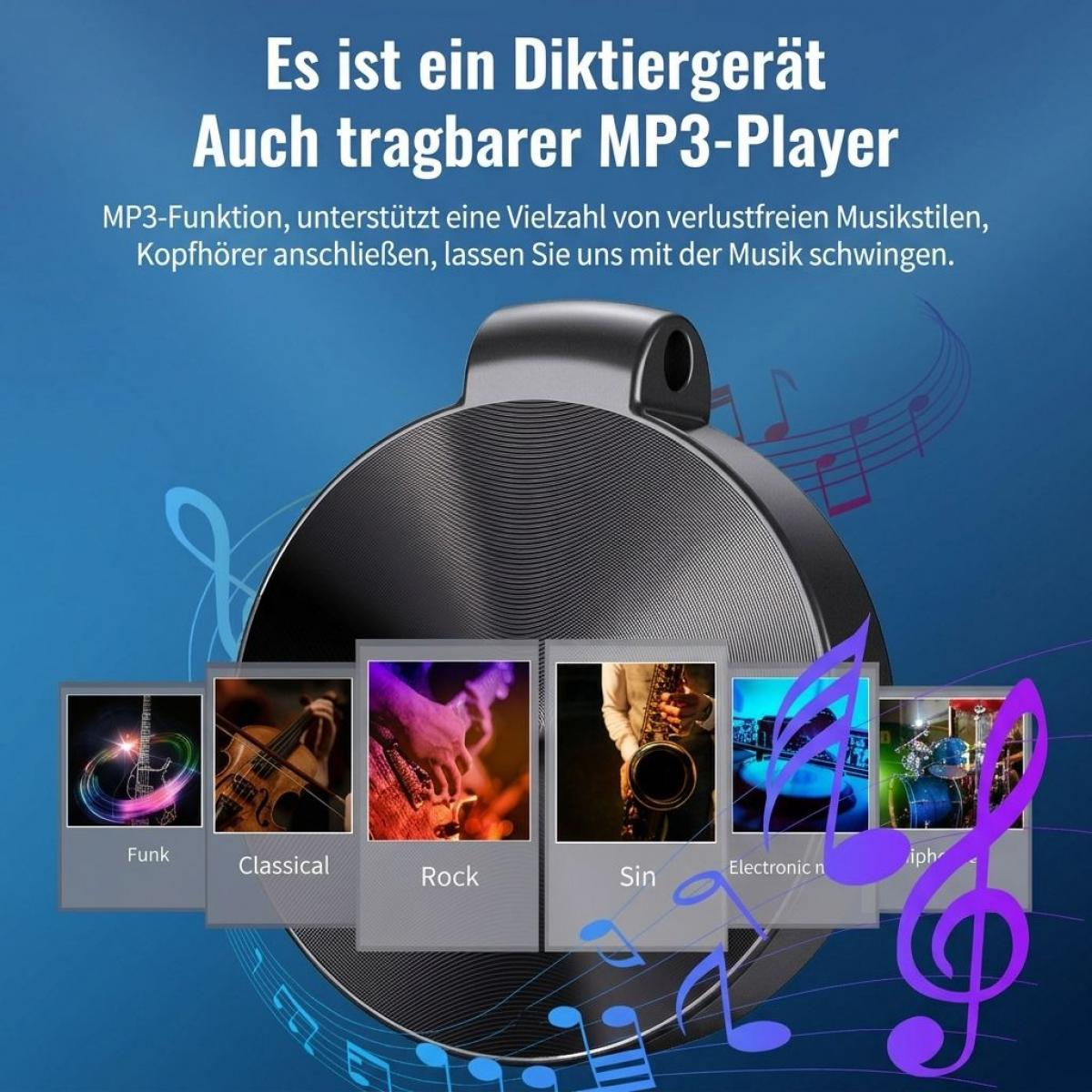 Ein tragbares Diktiergerät, das auch als MP3-Player dient, mit Musikgenres im Vordergrund und Noten auf blauem Grund.