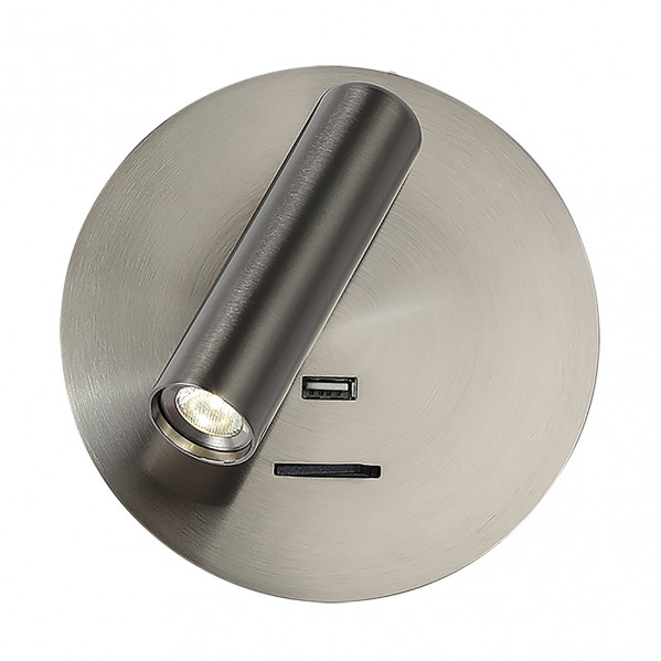Una lámpara de pared LED plateada con puerto USB en una placa redonda.