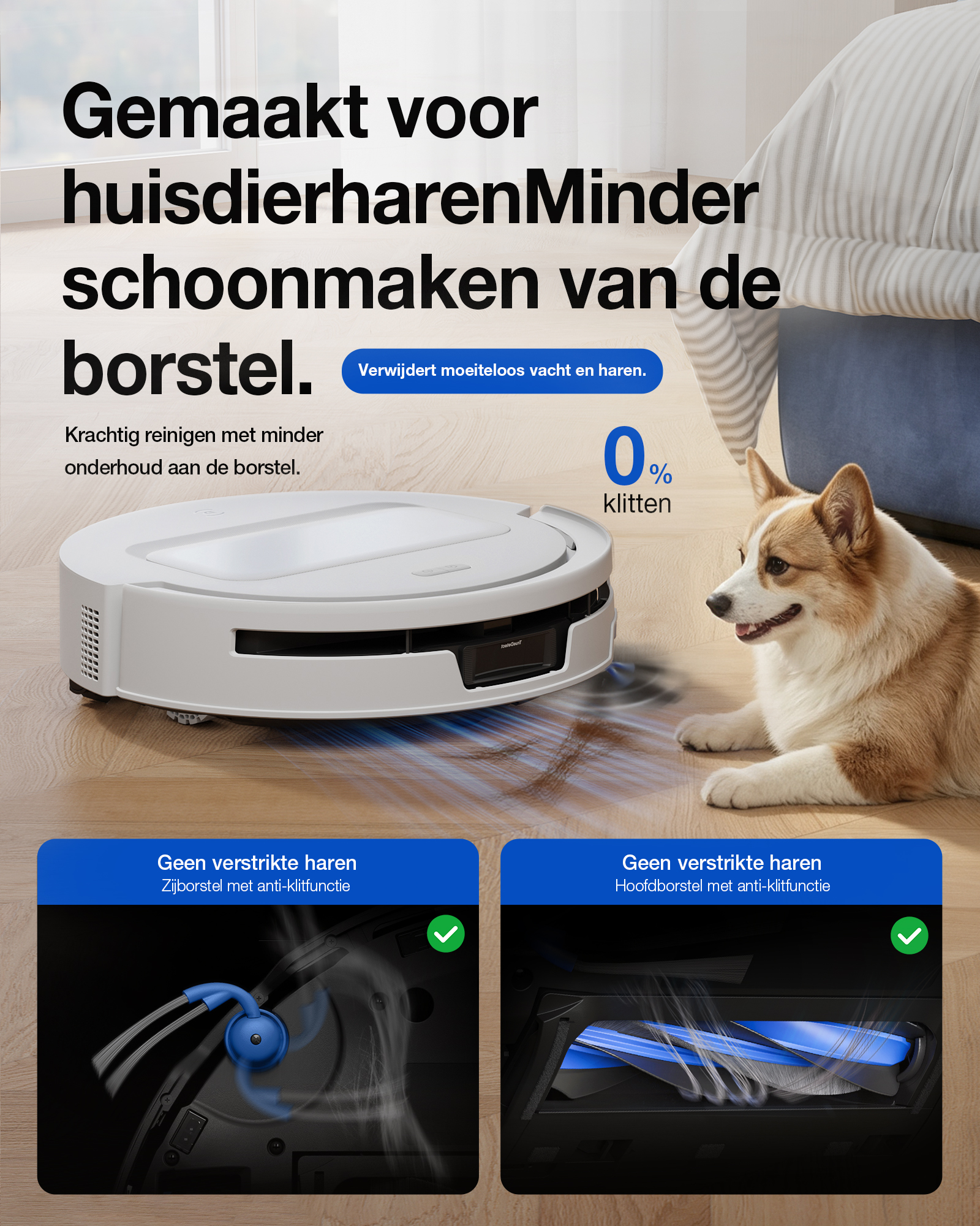 Robot aspirateur blanc sur parquet près d'un Corgi, avec des graphismes de nettoyage sans emmêlement.