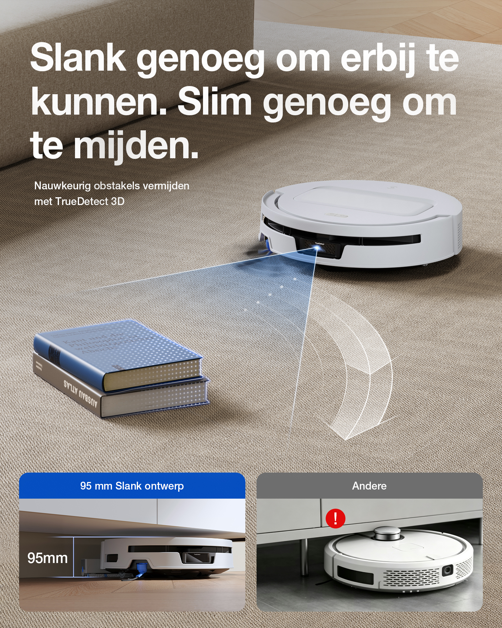 Un robot aspirateur blanc analyse une pile de livres bleus sur un tapis avec la technologie 3D.