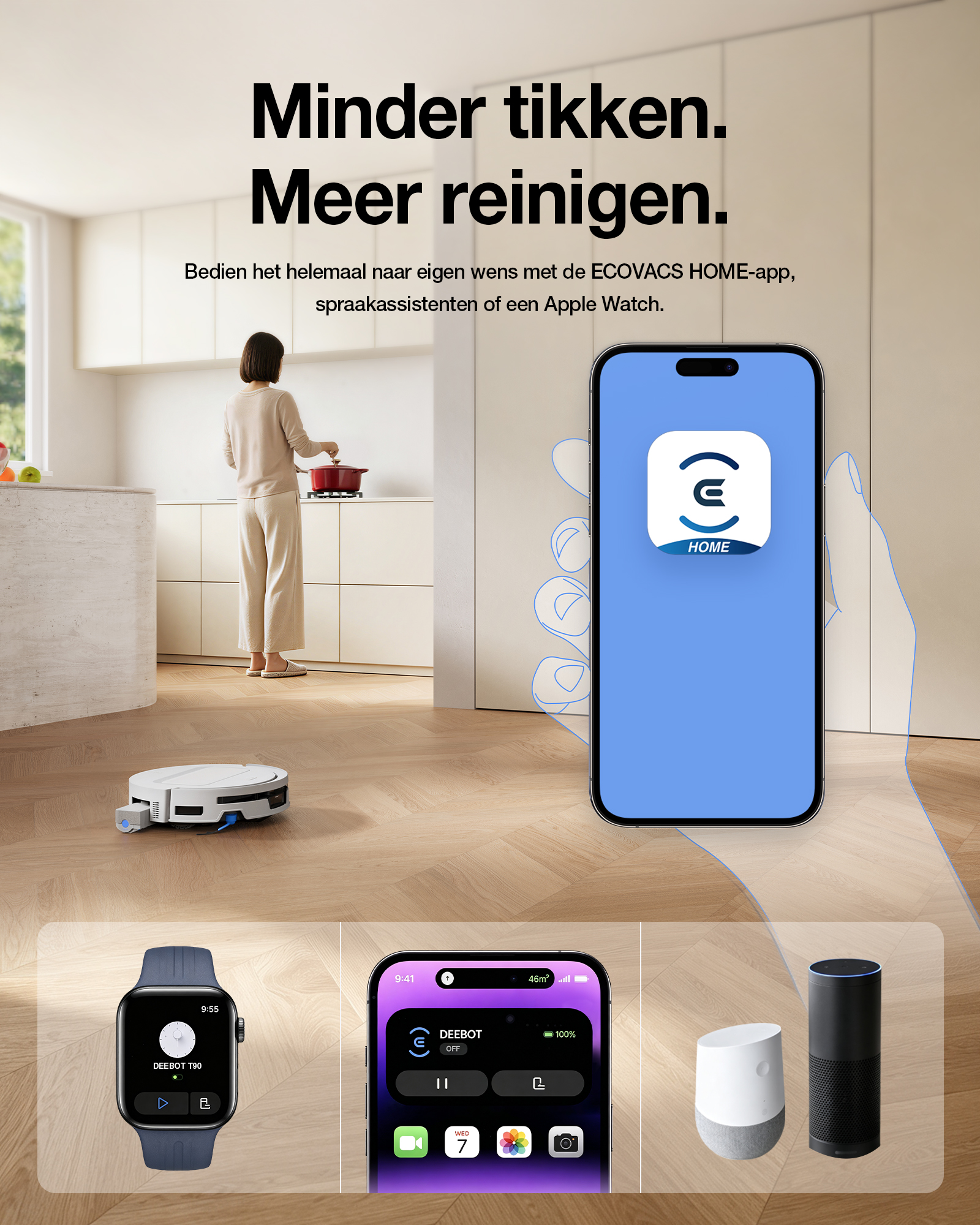 Smartphone affiche l'application Ecovacs Home avec robot aspirateur, montre connectée et assistants vocaux.