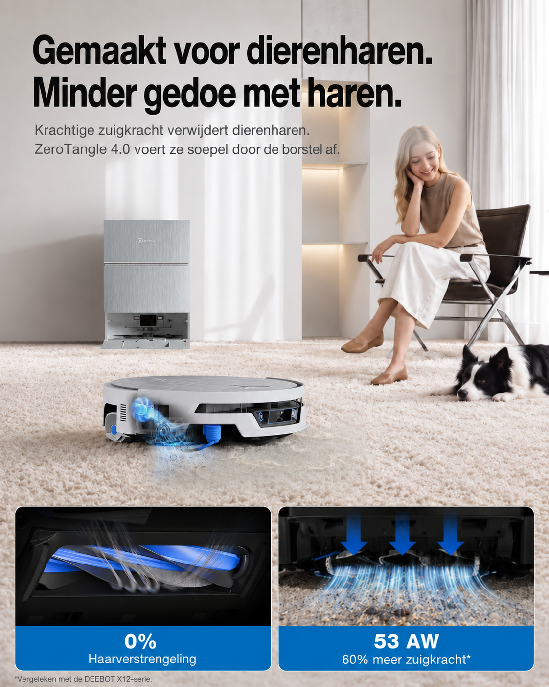 Robot aspirateur sur tapis avec femme et chien, avec texte et détails.
