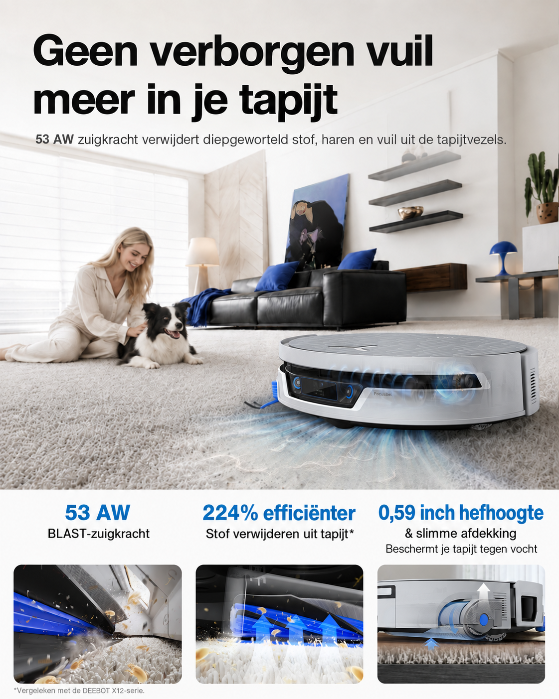 Image promotionnelle d'un robot aspirateur sur tapis avec femme, chien et infographies.
