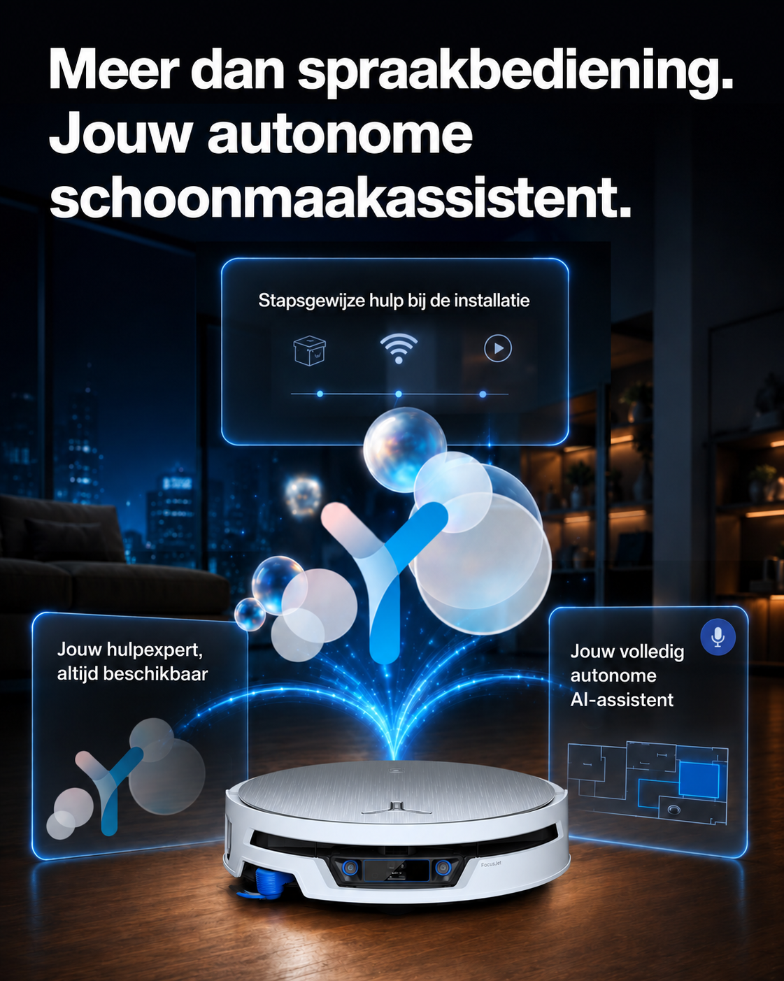 Un robot aspirateur sur un sol en bois avec des affichages UI holographiques bleus.