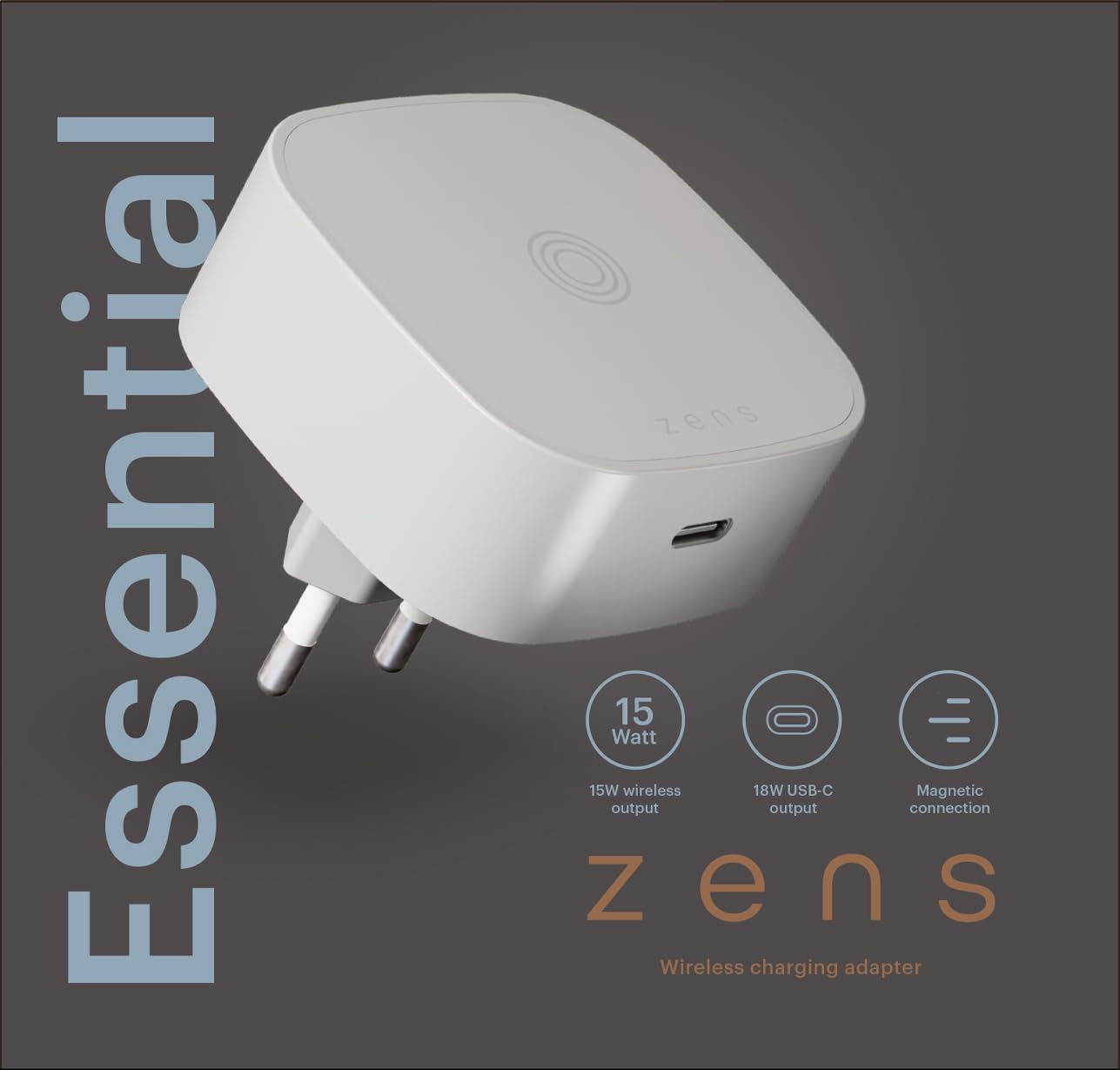 Adattatore di ricarica wireless Zens bianco con USB-C e spina UE su sfondo grigio.