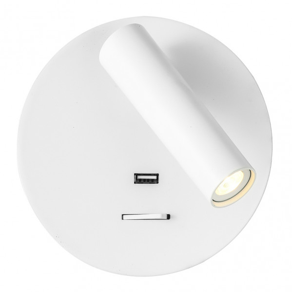 Una lámpara de pared blanca con base redonda, un foco cilíndrico ajustable y un puerto USB.