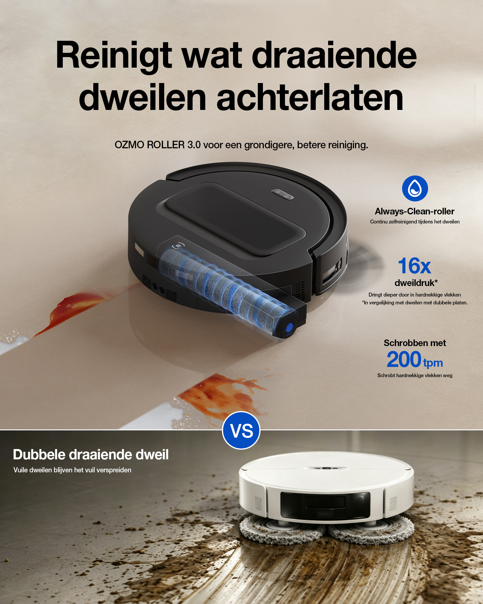 Comparaison de robots aspirateurs: un noir à rouleau nettoie proprement, tandis qu'un blanc à doubles patins étale la saleté.