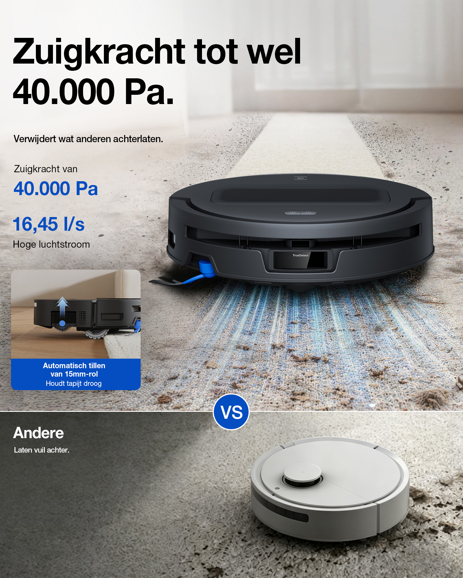 Un robot aspirateur noir nettoie un tapis très sale, comparé à un modèle blanc en bas.