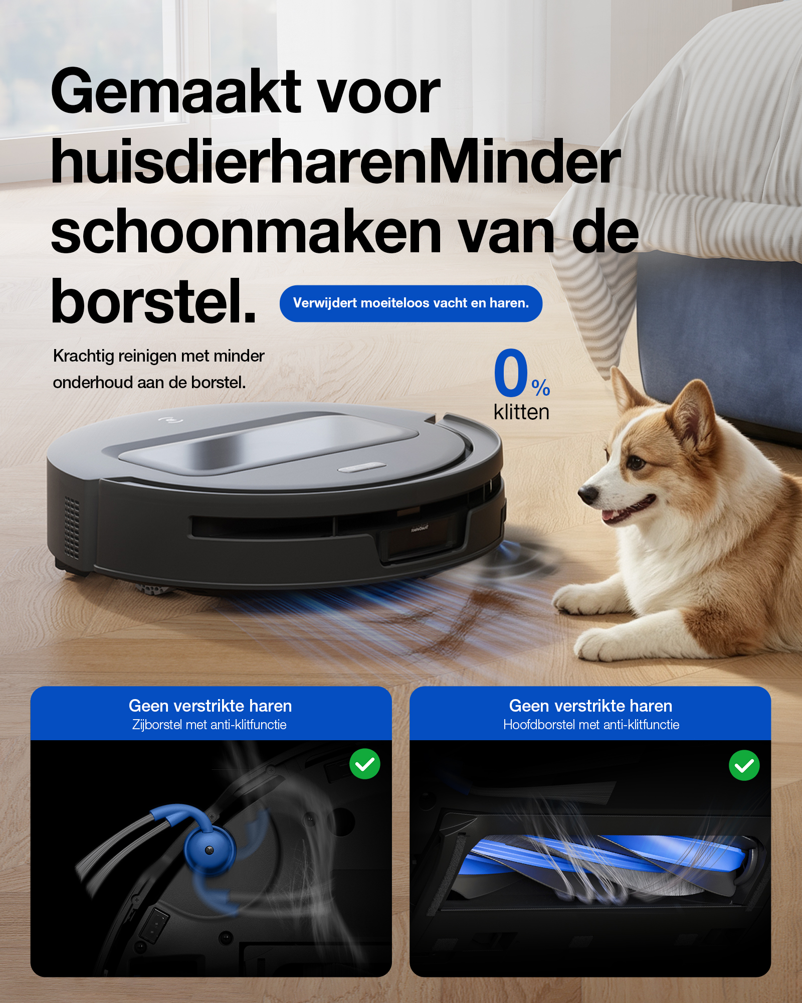 Aspirateur robot sur sol en bois à côté d'un corgi, avec graphismes anti-poils.