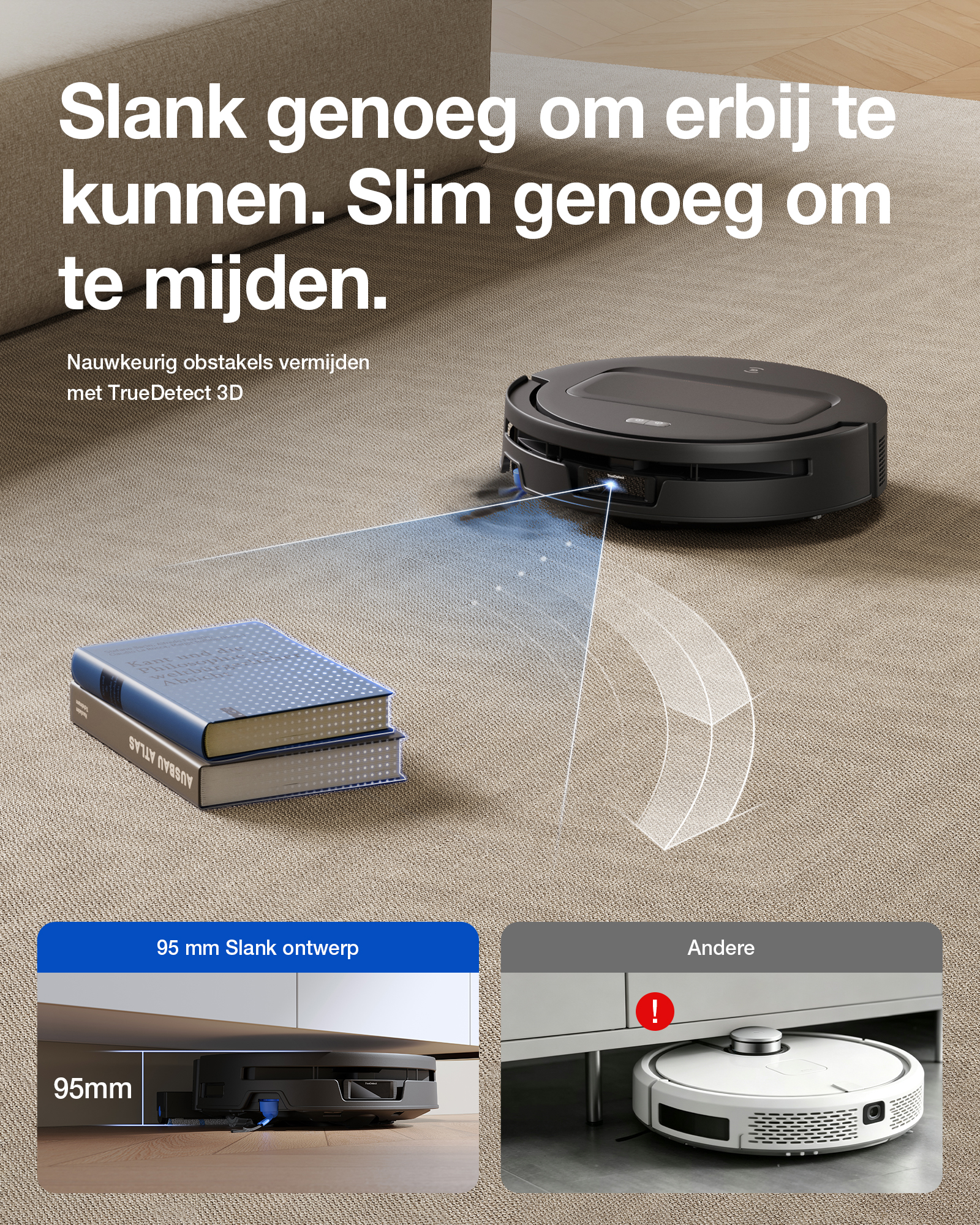Un aspirateur robot noir détecte les obstacles sur un tapis grâce à des capteurs 3D, évitant des livres.