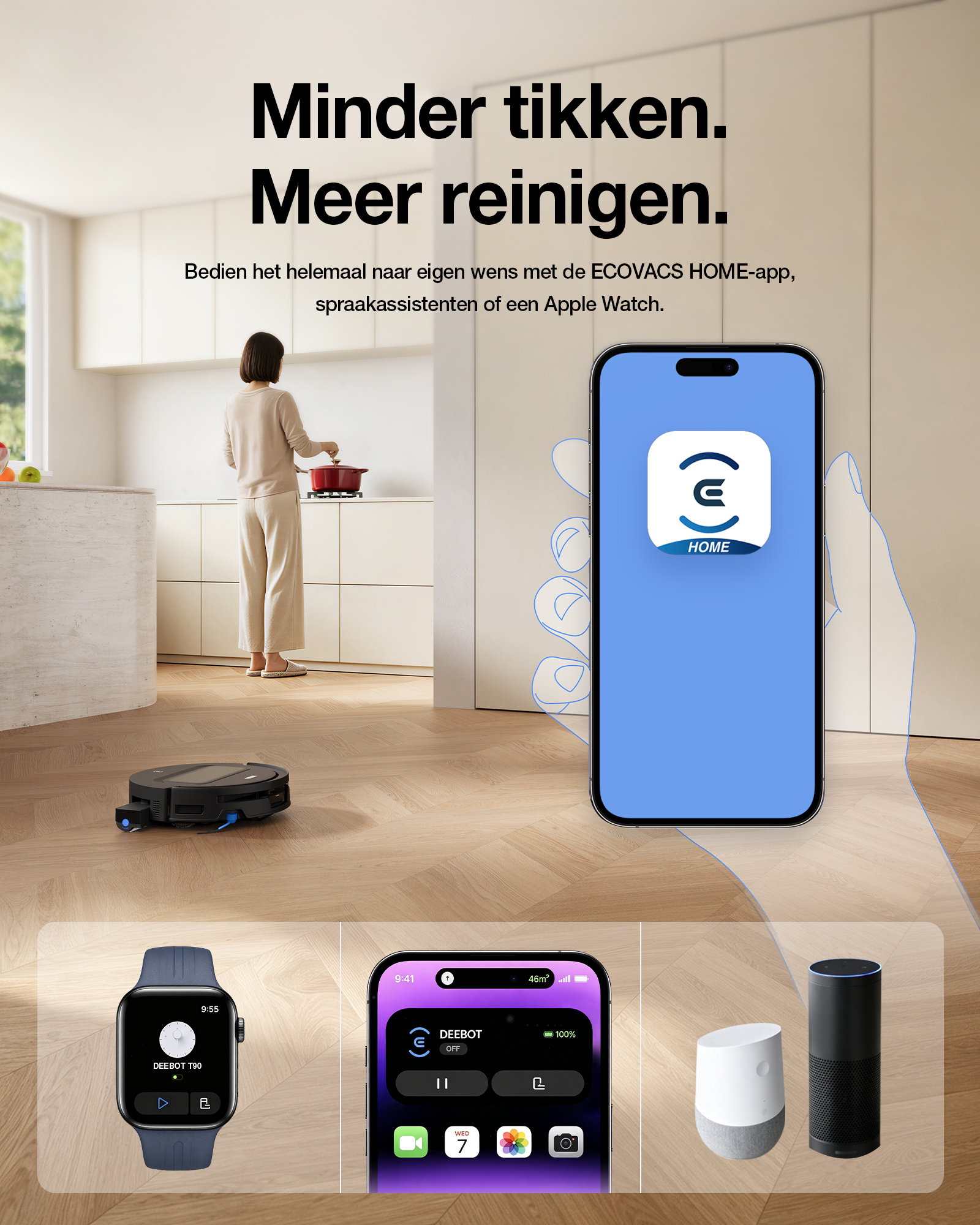Intérieur moderne avec aspirateur robot, contrôle par smartphone et maison connectée.