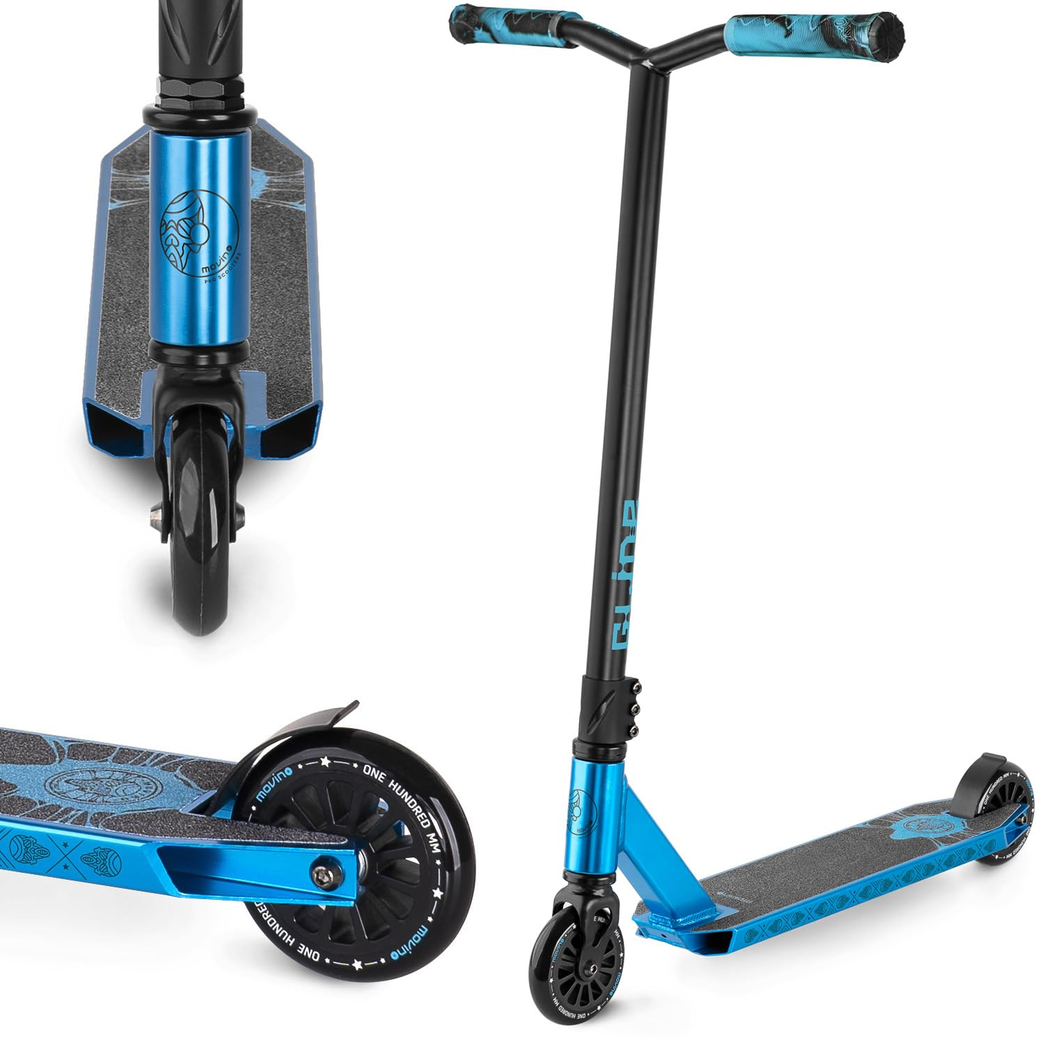 Ein blauer und schwarzer Stunt-Scooter in Ansicht mit Nahaufnahmen des Vorderrads und Decks vor weißem Hintergrund.