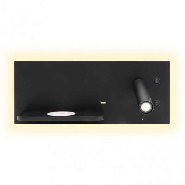 Lámpara de pared negra con repisa, puerto USB, base de carga inalámbrica y luz de lectura.