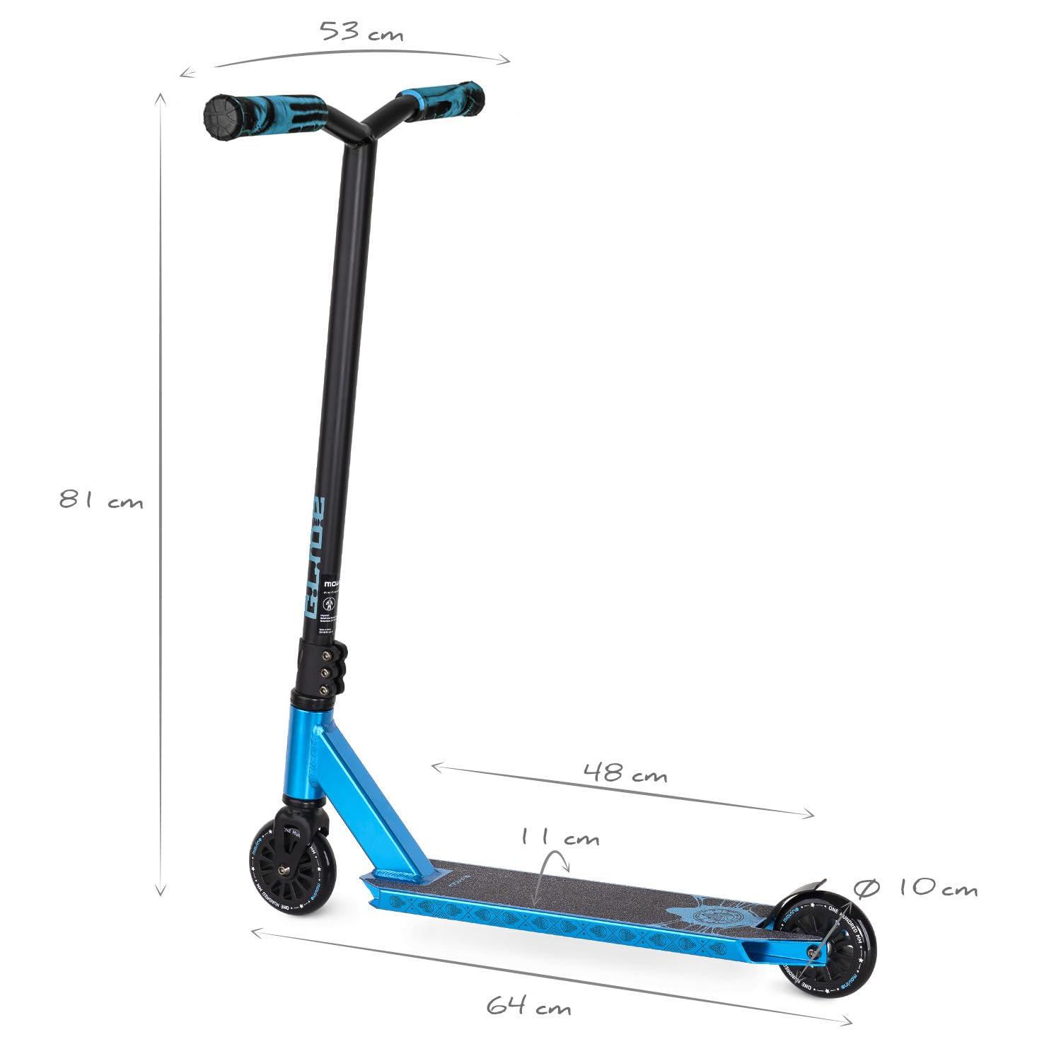 Ein blauer und schwarzer Stunt-Scooter mit Maßangaben vor weißem Hintergrund.