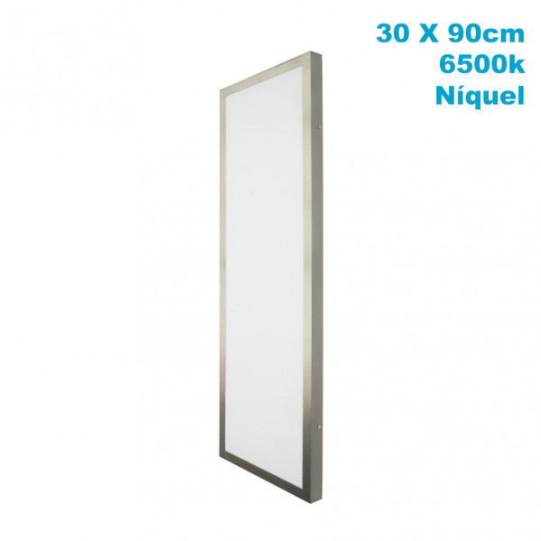 Panel LED rectangular de níquel de 30x90cm con temperatura de color de 6500k, sobre fondo blanco.