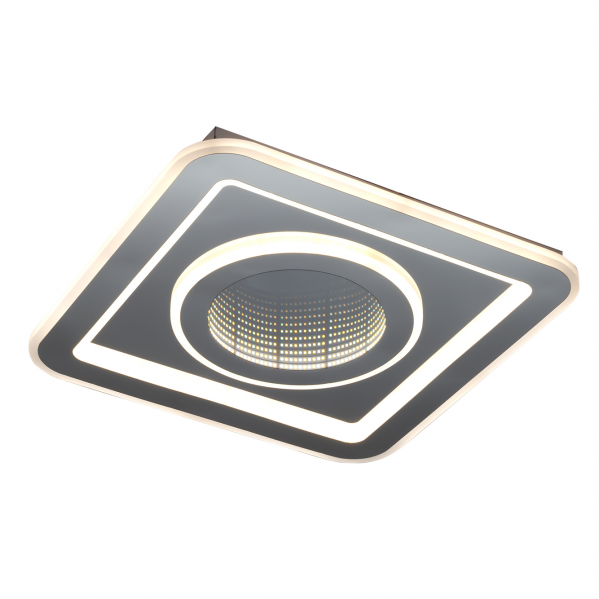 Lámpara de techo LED cuadrada moderna con anillos interior y exterior iluminados sobre fondo blanco.