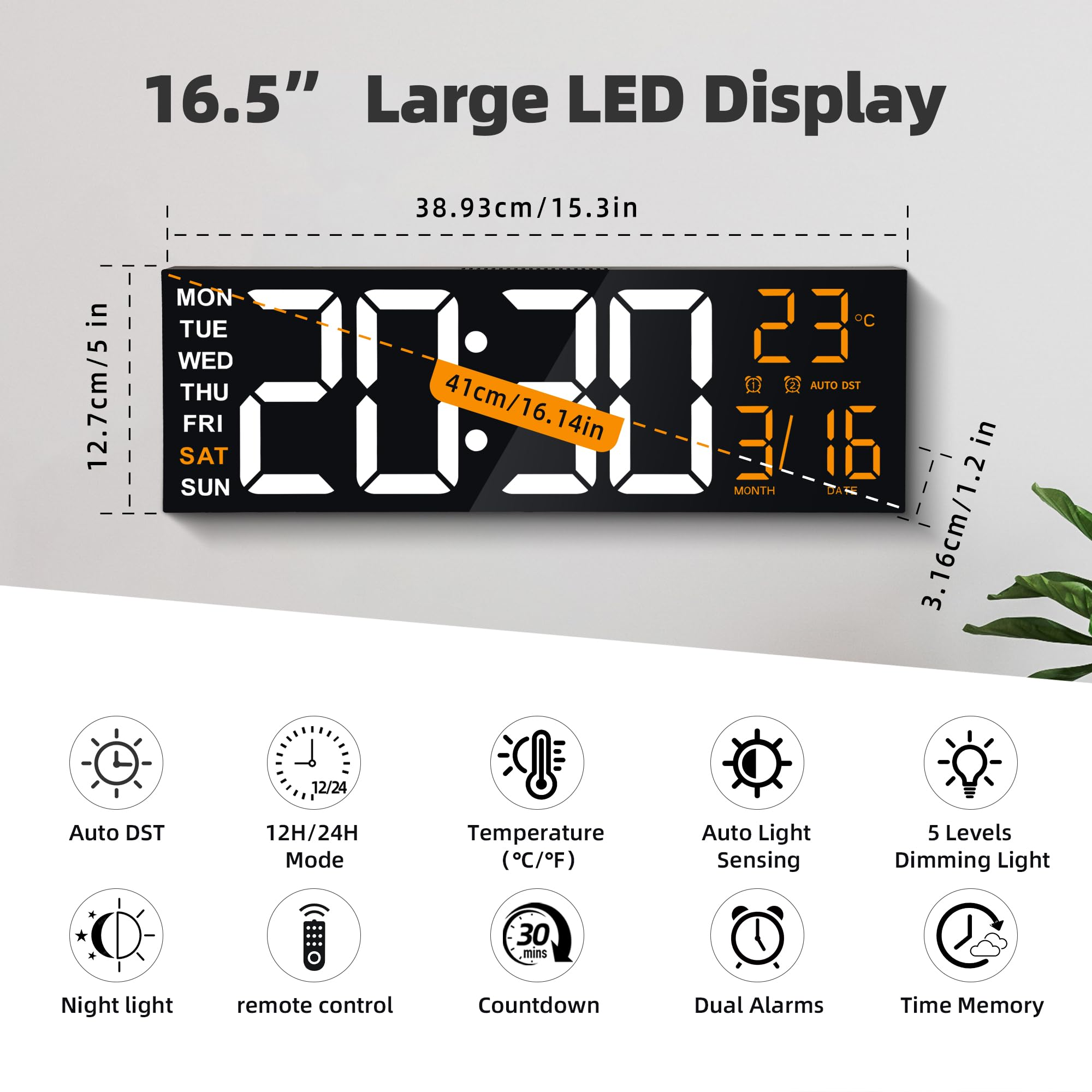 Grande horloge murale LED avec dimensions, jours, température, date et icônes.