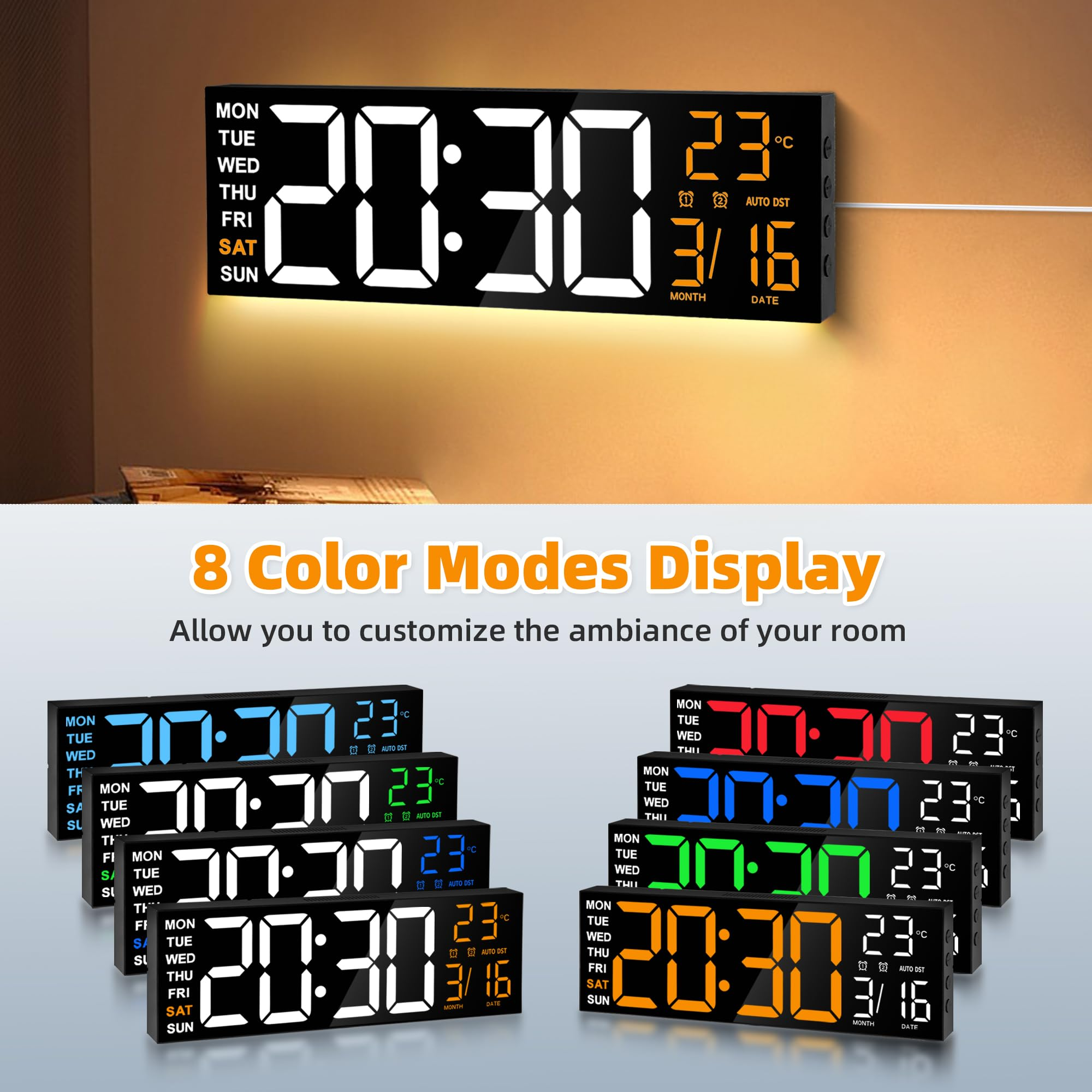 Grande horloge murale LED numérique affiche l'heure, la date et la température en plusieurs couleurs.