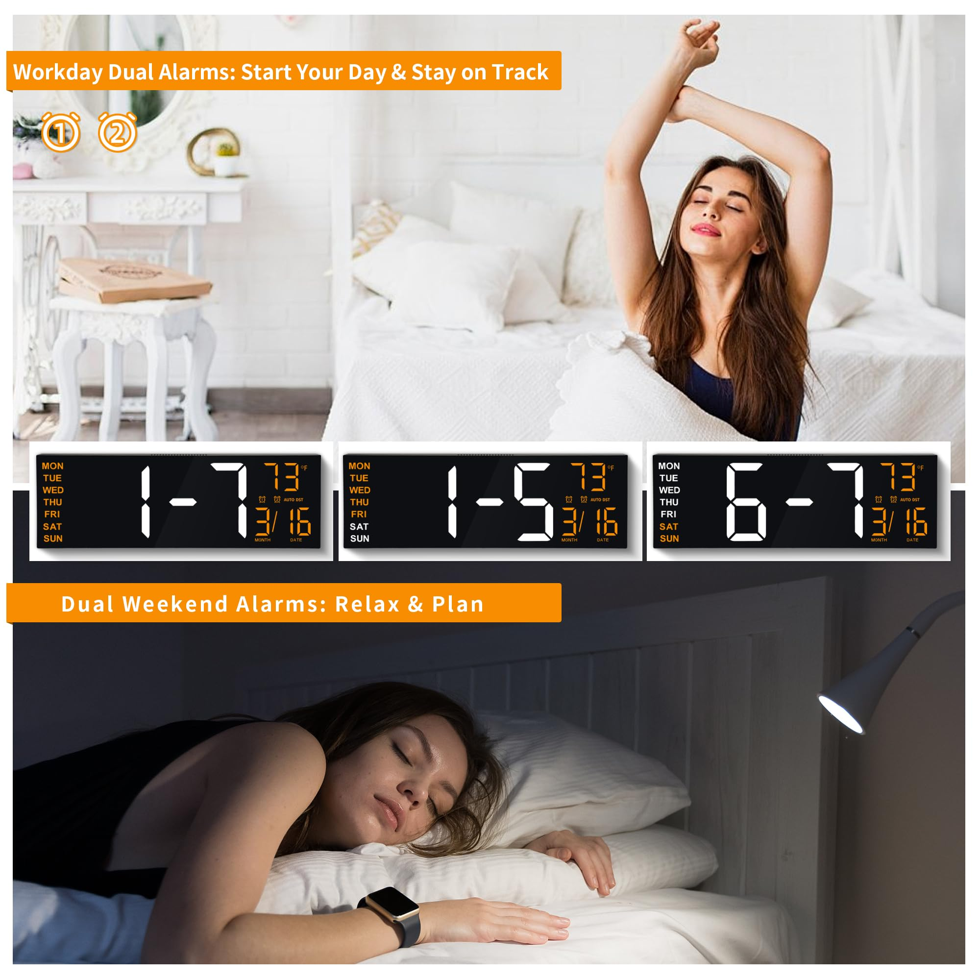 Une femme se réveille dans une chambre lumineuse, avec un réveil numérique affichant différents modes d'alarme.