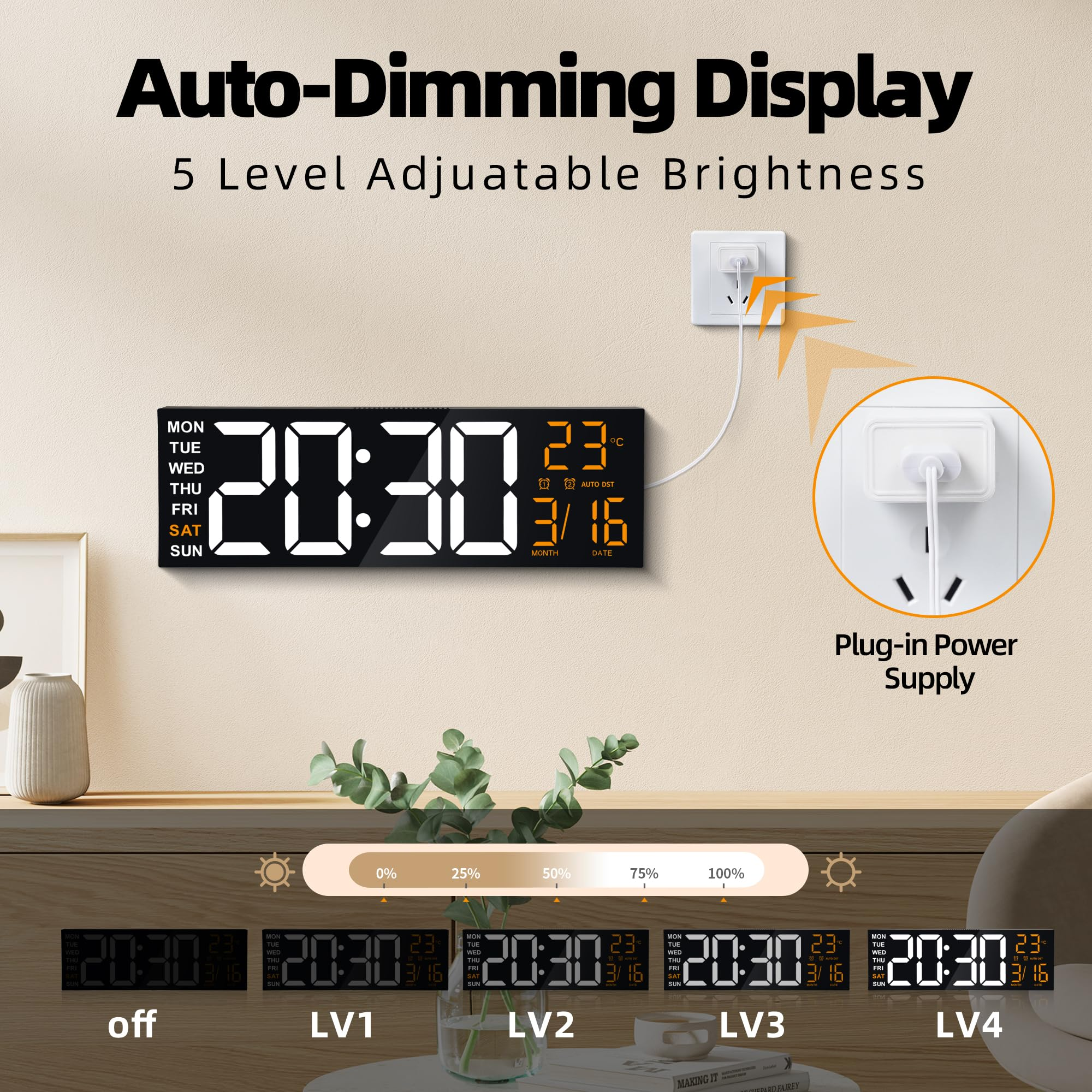 Horloge murale numérique avec écran dimmable et prise sur mur clair.