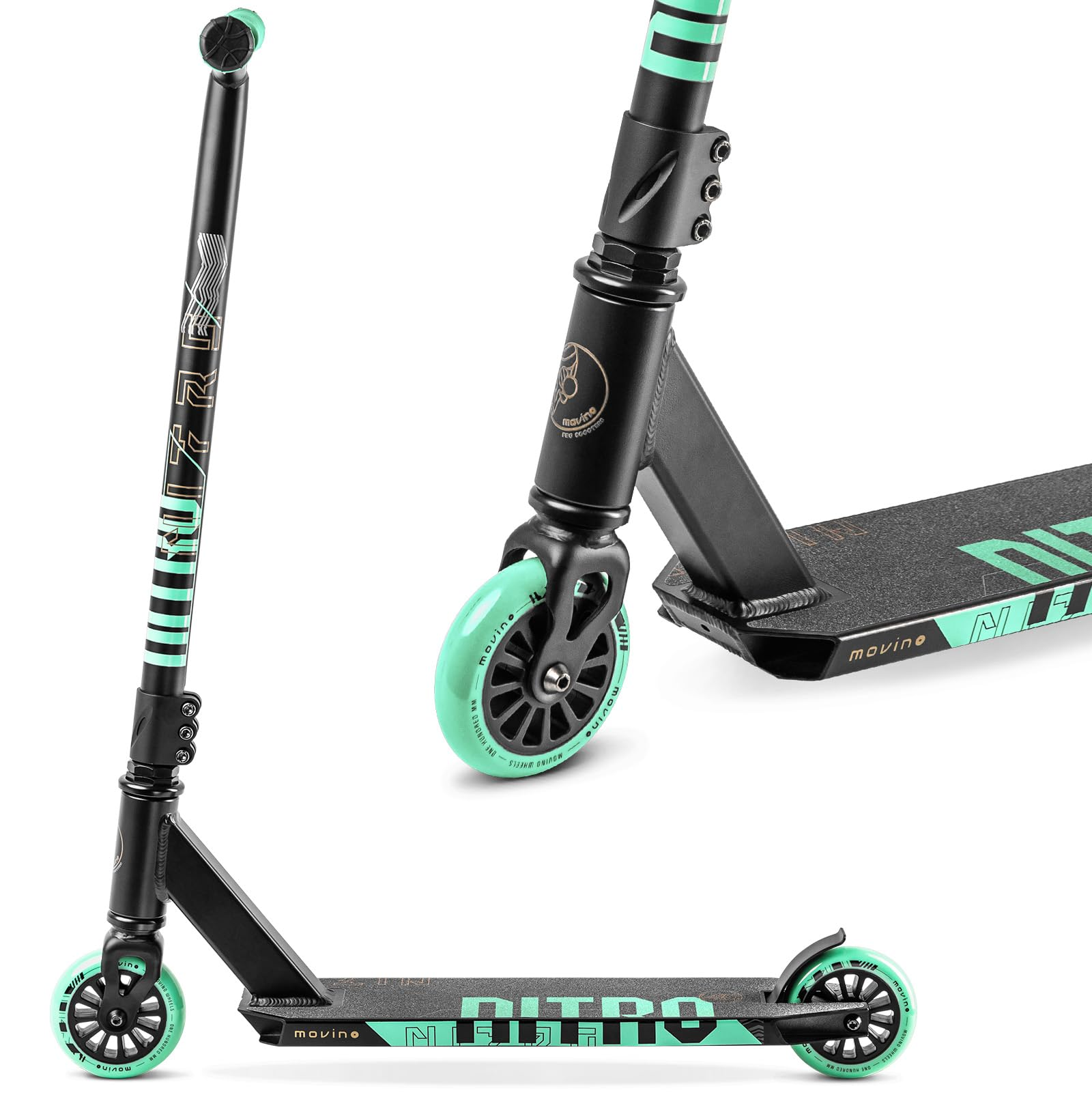 Ein schwarzer Stunt-Scooter mit mintgrünen Akzenten und Rädern auf weißem Hintergrund, mit Detailansicht der Lenkerstange.