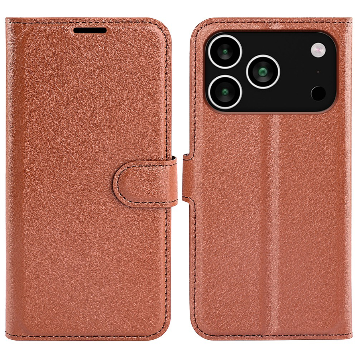 Braune Leder-Klapphülle für Smartphone mit Ausschnitt für Dreifachkamera.