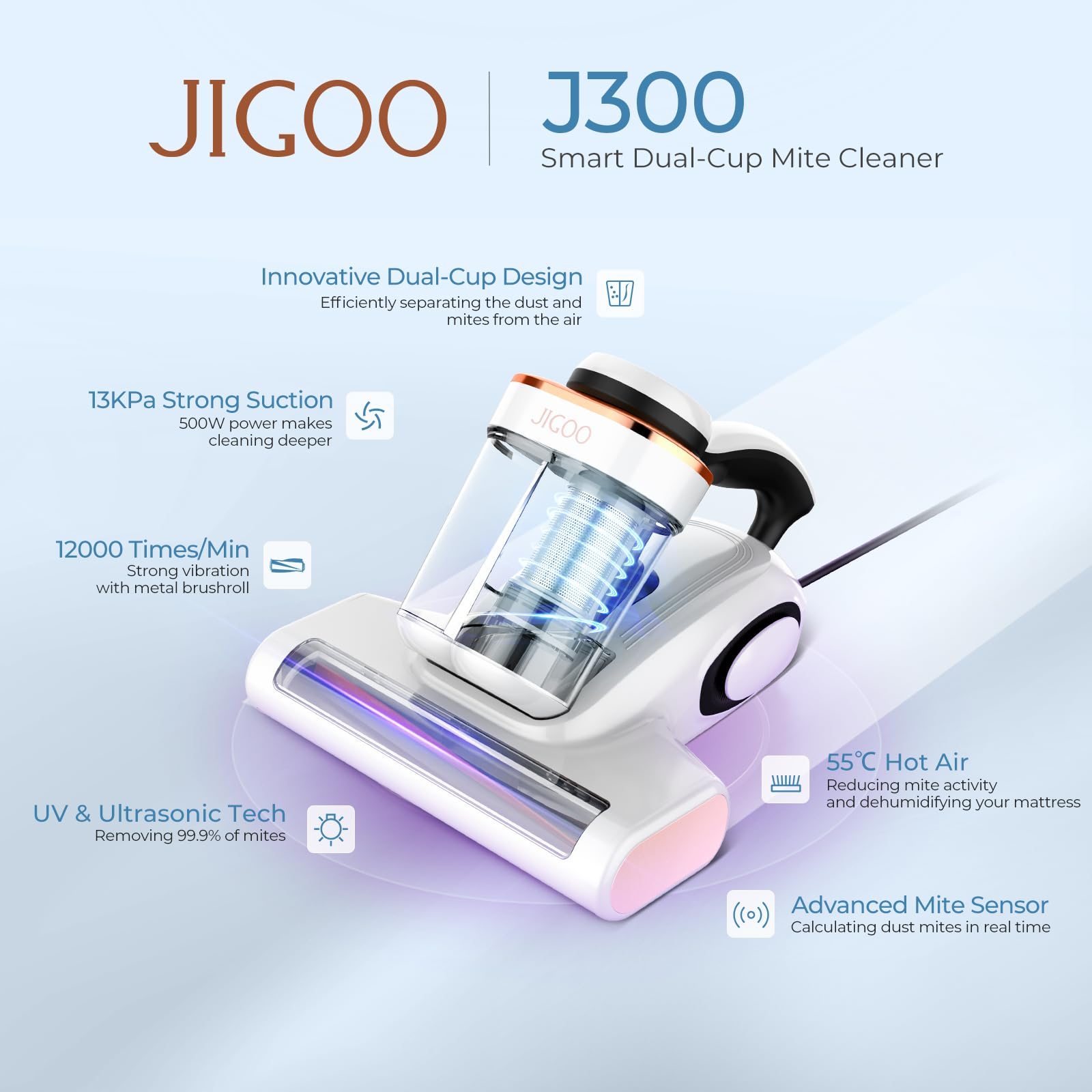 Pubblicità del pulitore per acari intelligente Jigoo J300 con dettagli delle funzioni su sfondo blu.