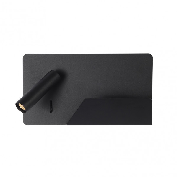 Un aplique de pared negro con base rectangular, un foco de lectura ajustable y un estante.