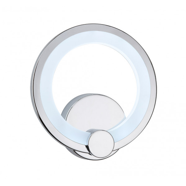 Una moderna lámpara de pared redonda con metal cromado y un anillo LED brillante sobre fondo blanco.