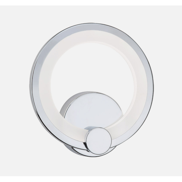 Un aplique de pared de cromo moderno con un anillo LED circular brillante y una base circular.