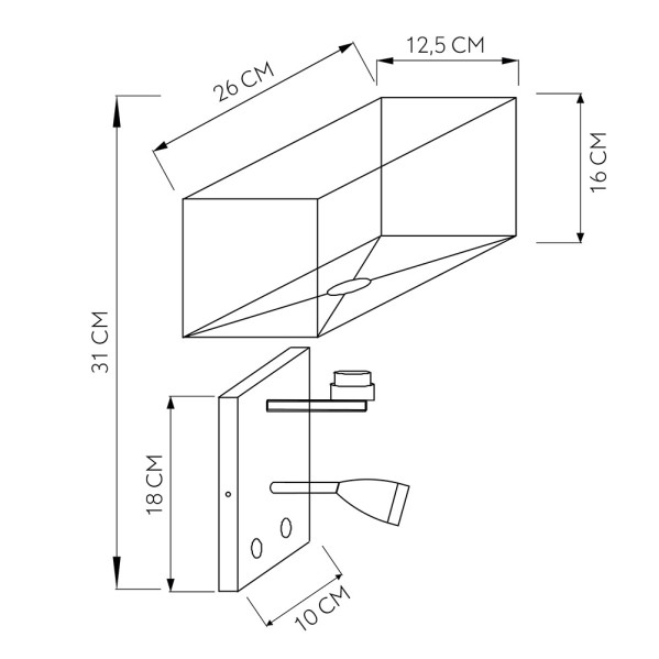 Dibujo técnico de un aplique de pared con dimensiones en centímetros.