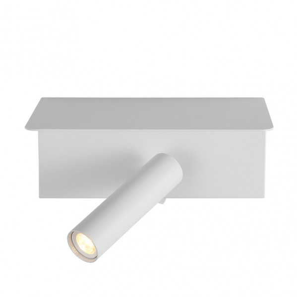 Una lámpara de pared blanca con un foco cilíndrico e iluminado montado en una base rectangular.