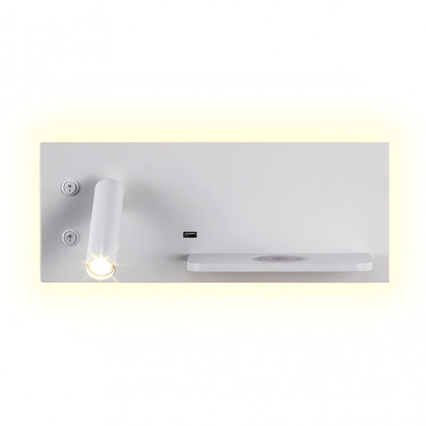 Lámpara de pared blanca con foco ajustable, puerto USB, interruptores pequeños y estante con base de carga.