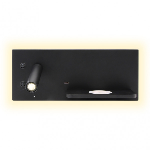 Lámpara de pared negra con luz de lectura, puerto USB, pequeños interruptores y una repisa con cargador inalám
