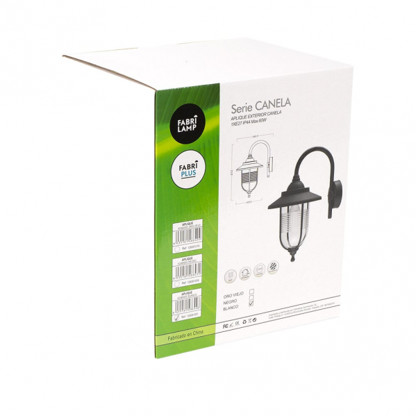 Caja de producto blanca para aplique exterior Fabri Lamp con gráfico de aplique negro y especificaciones.
