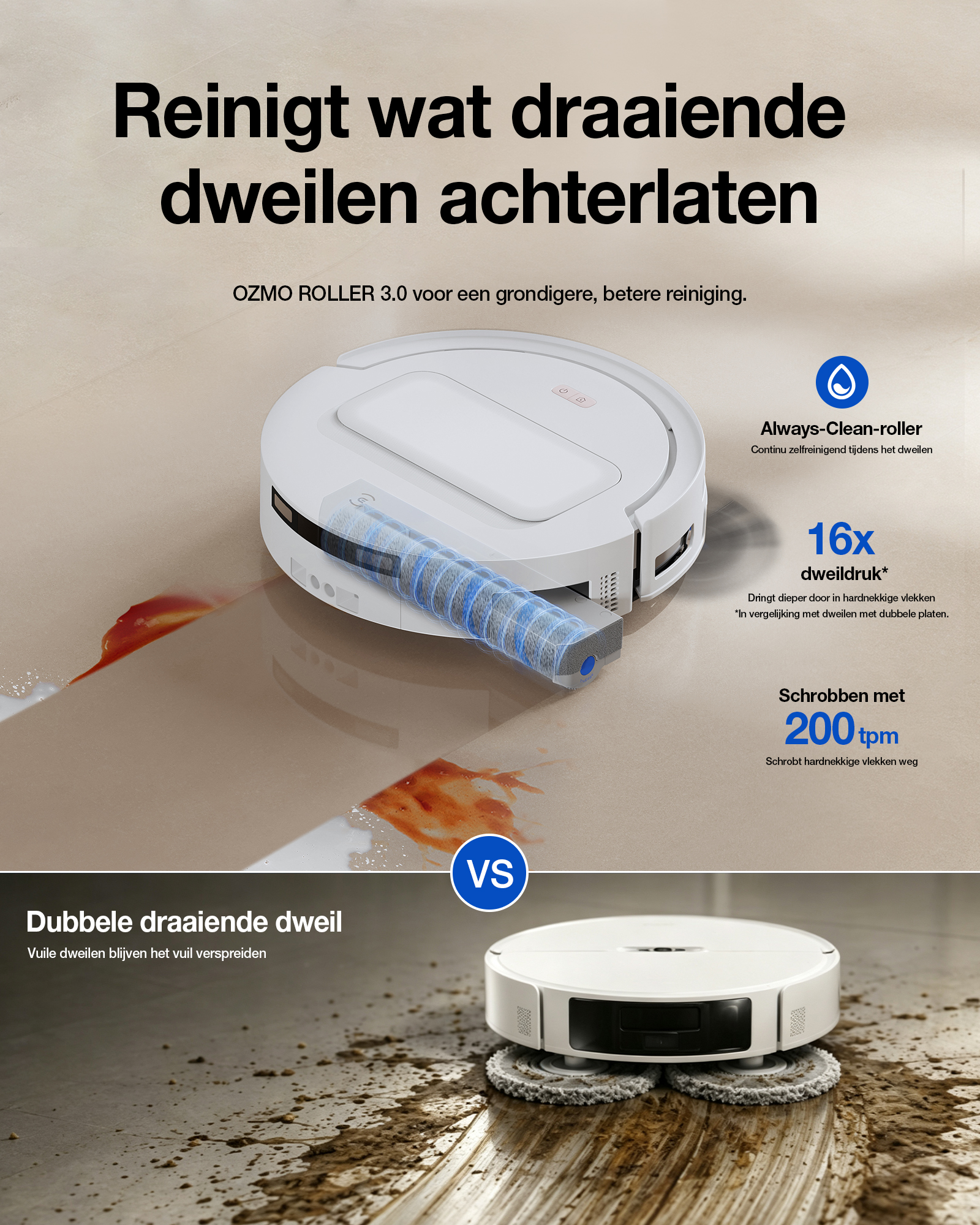 Comparaison d'un robot à rouleau nettoyant une tache et d'un robot à double patin.