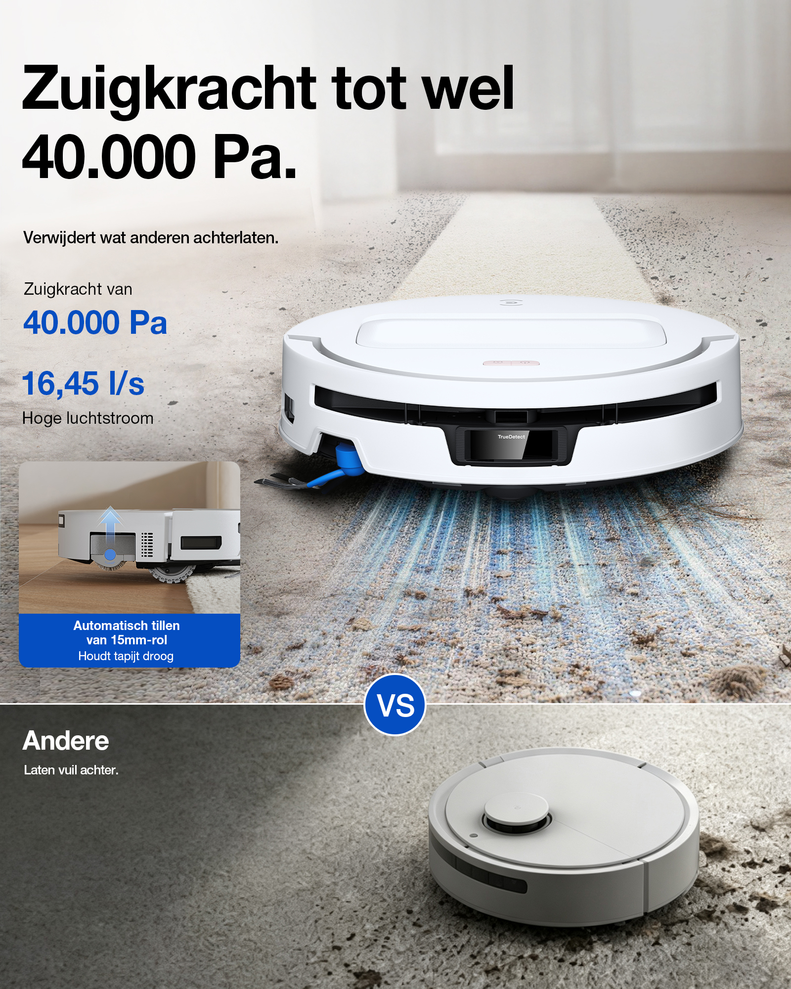 Un robot aspirateur blanc nettoyant un tapis, avec du texte en néerlandais et des spécifications en arrière-plan.