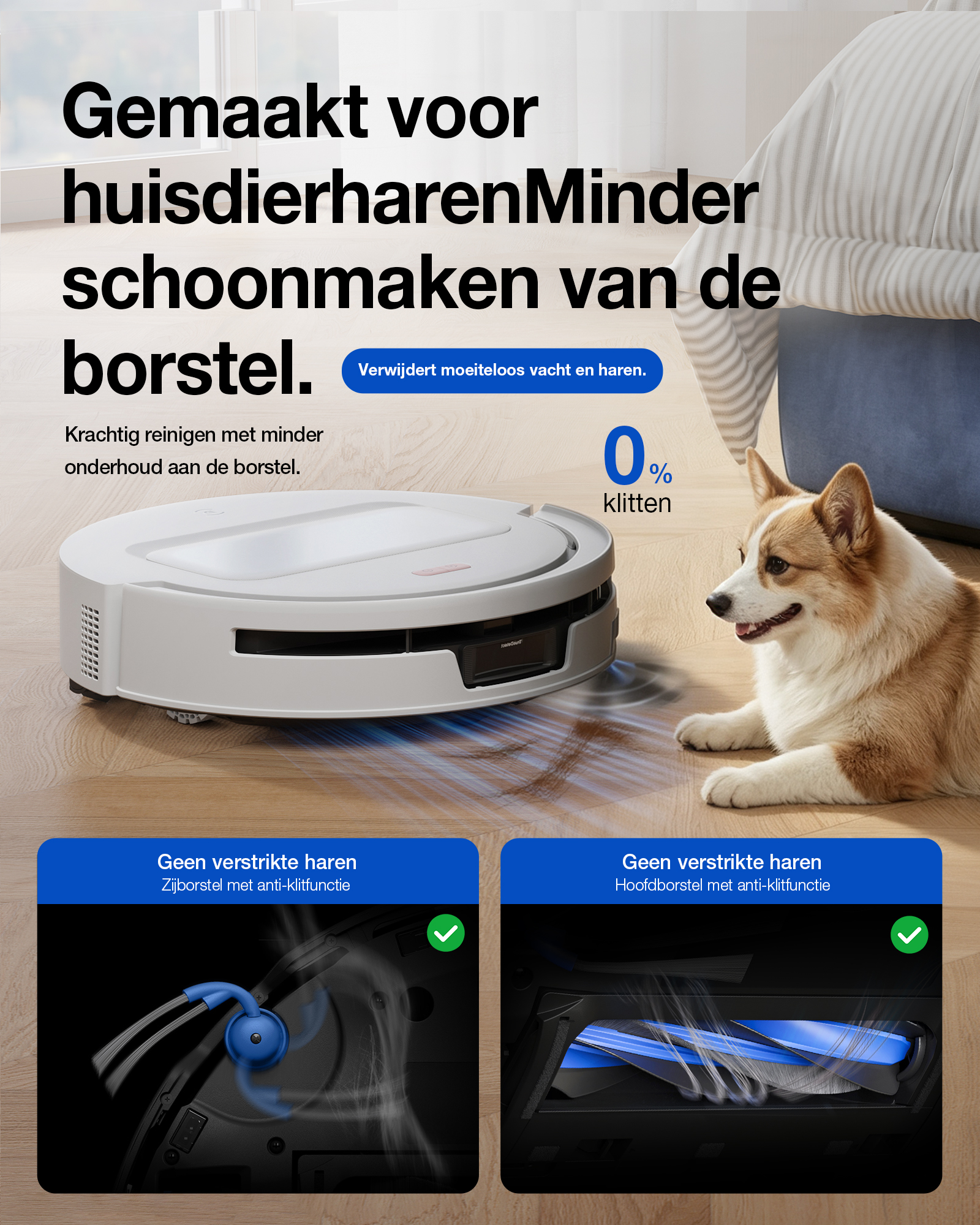 Promo de robot aspirateur avec un chien sur sol en bois et infographie.