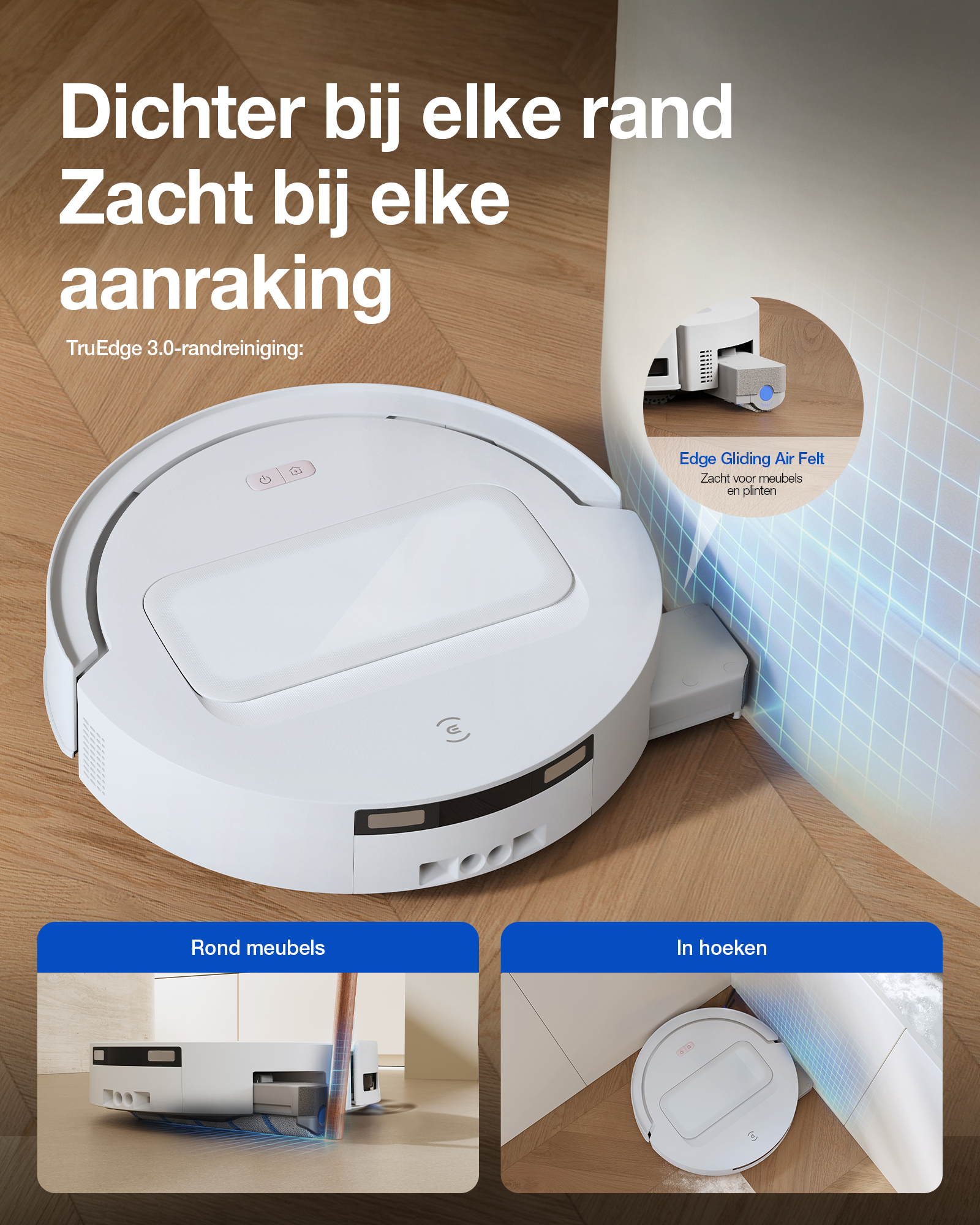 Robot aspirateur blanc sur sol en bois avec encarts de nettoyage.
