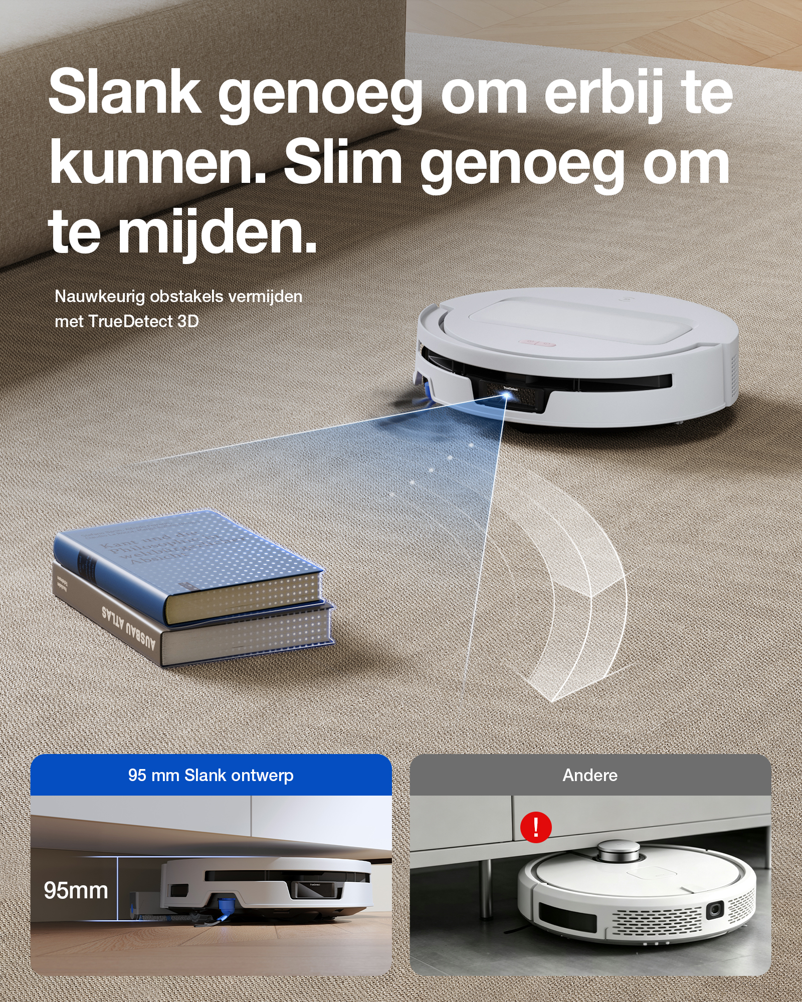 Un robot aspirateur blanc sur un tapis scanne deux livres bleus avec une lumière bleue, montrant les dimensions.