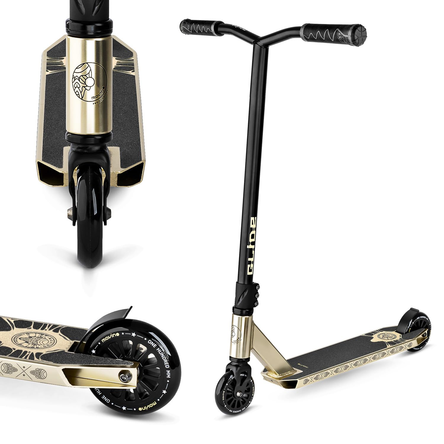Ein schwarz-goldener Stunt-Scooter mit detaillierten Ansichten des Decks, Vorderrads und der Lenkstange auf weißem Grund.