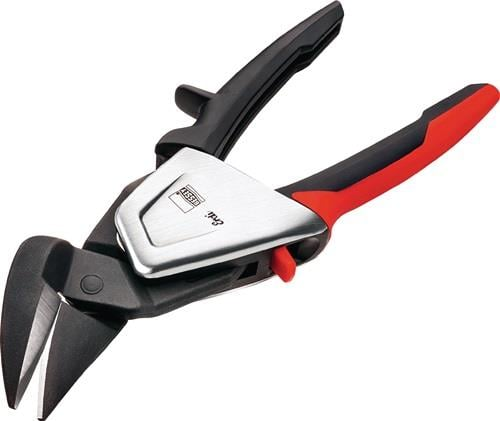 Schwarze und rote Blechschere mit silbernem Gehäuse und ergonomischen Griffen auf weißem Hintergrund.